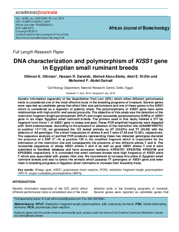 (PDF) DNA characterization and polymorphism of KISS1 gene in Egyptian ...