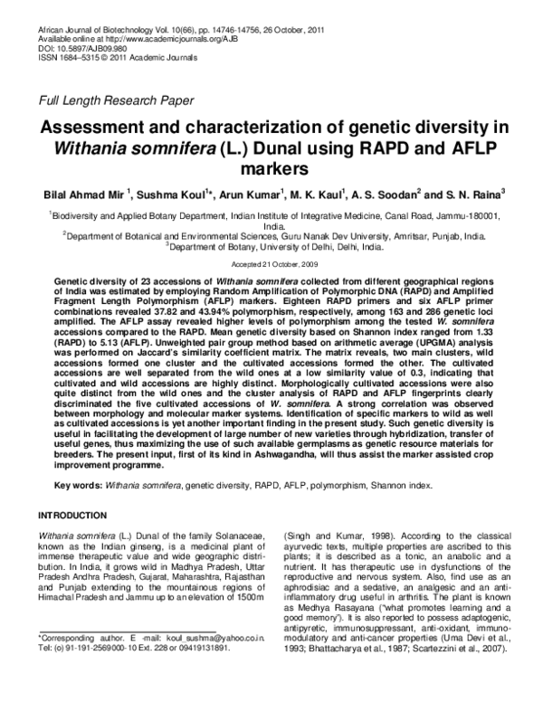 (PDF) Assessment and characterization of genetic diversity in Withania ...