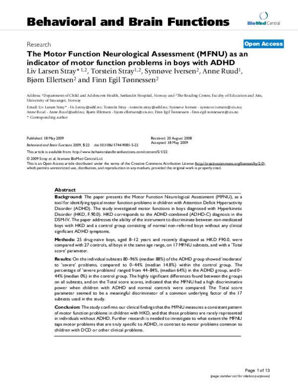 (PDF) The Motor Function Neurological Assessment (MFNU) as an indicator ...