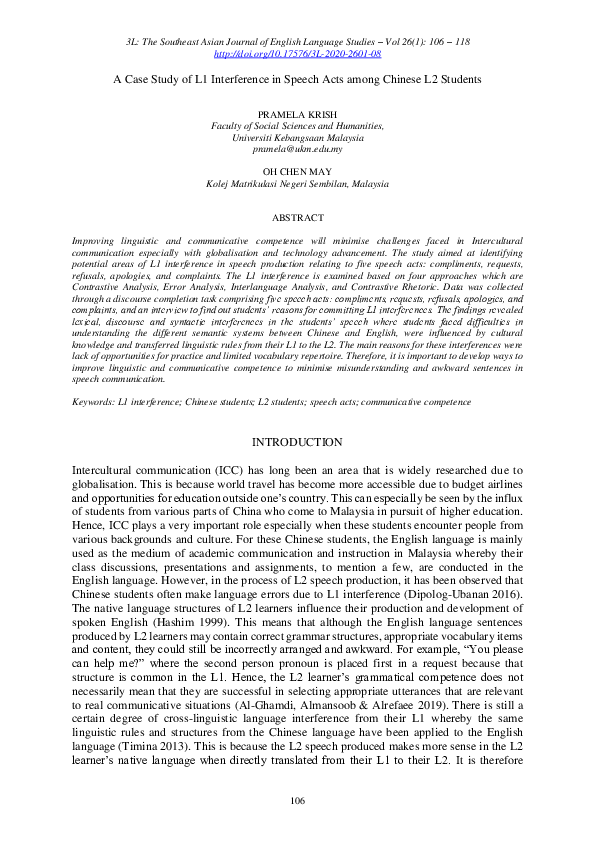 (PDF) A Case Study of L1 Interference in Speech Acts among Chinese L2 ...