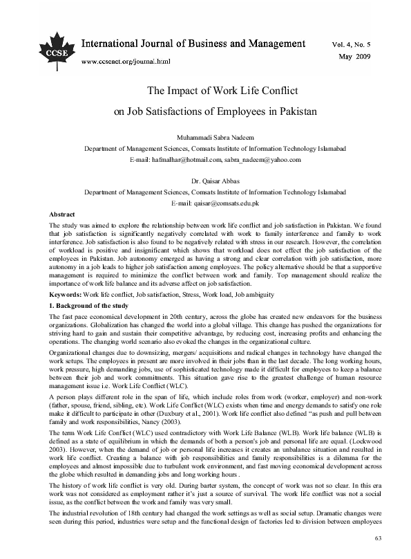 (PDF) The Impact of Work Life Conflict on Job Satisfactions of ...