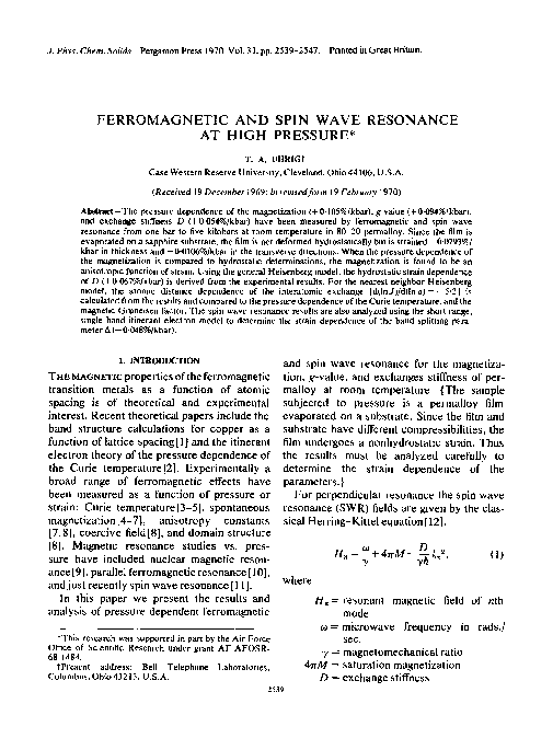 (PDF) Ferromagnetic and Spin Wave Resonance at High Pressure
