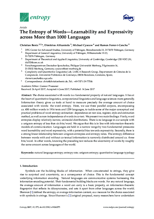 (PDF) The Entropy of Words—Learnability and Expressivity across More ...