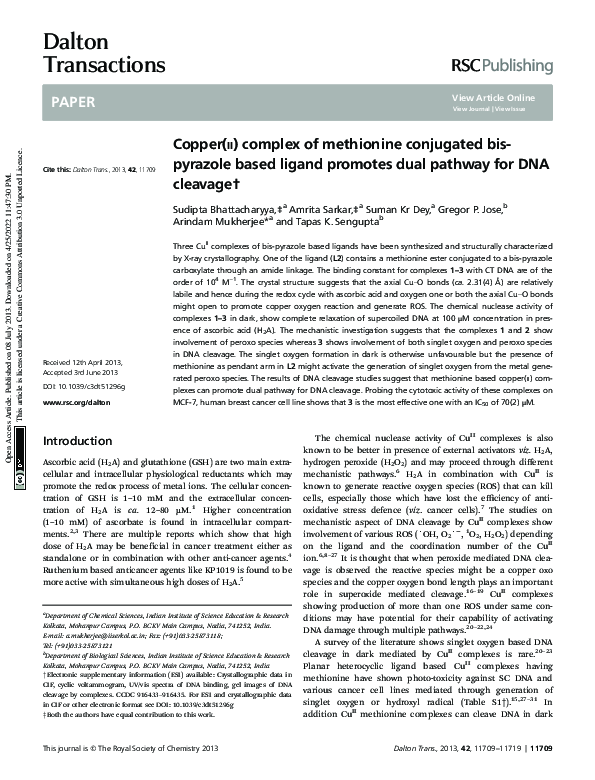(PDF) Copper(ii) complex of methionine conjugated bis-pyrazole based ...