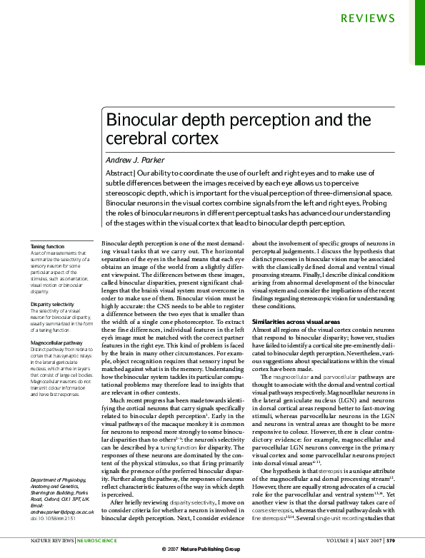 (PDF) Binocular depth perception and the cerebral cortex Andrew John