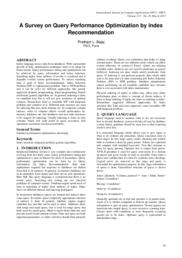 (PDF) A Survey on Query Performance Optimization by Index Recommendation