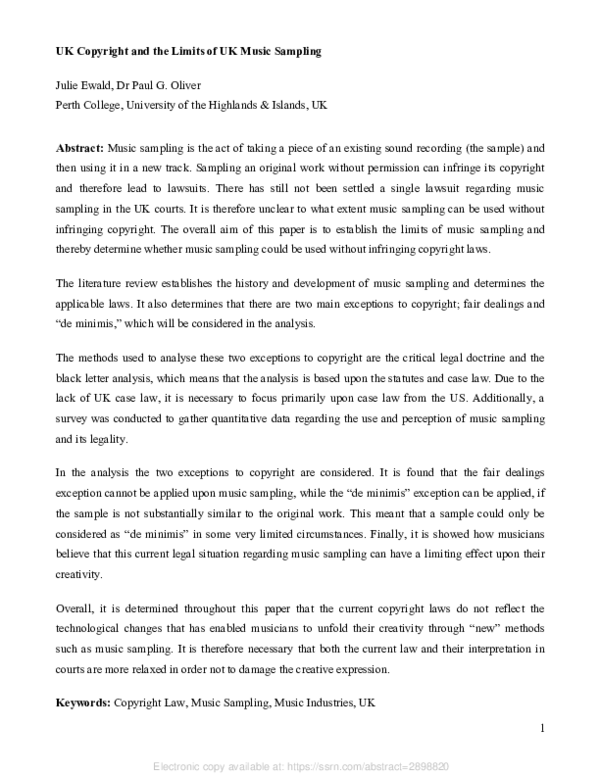 (PDF) UK Copyright and the Limits of Music Sampling