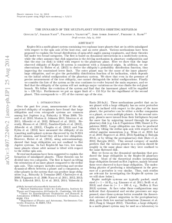 Preprint typeset using LATEX style emulateapj v. 5/2/11 THE DYNAMICS OF THE MULTI-PLANET SYSTEM ORBITING KEPLER-56