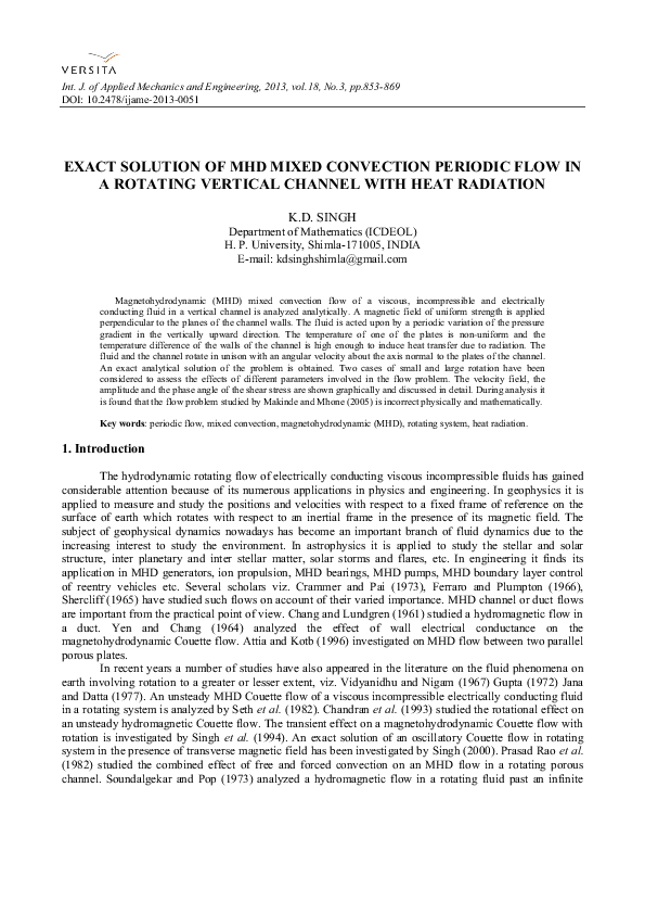 (PDF) Exact Solution Of MHD Mixed Convection Periodic Flow In A ...