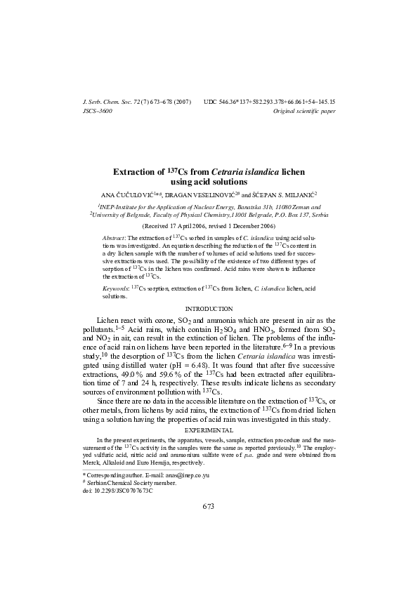 (PDF) Extraction of 137Cs from cetraria islandica lichen with water