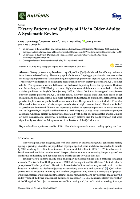 (PDF) Dietary Patterns and Quality of Life in Older Adults: A ...