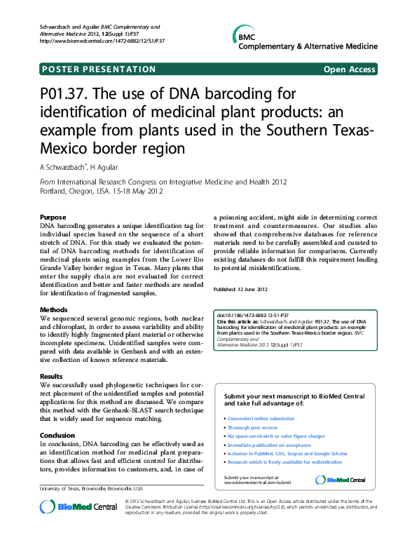 (PDF) P01.37. The use of DNA barcoding for identification of medicinal ...