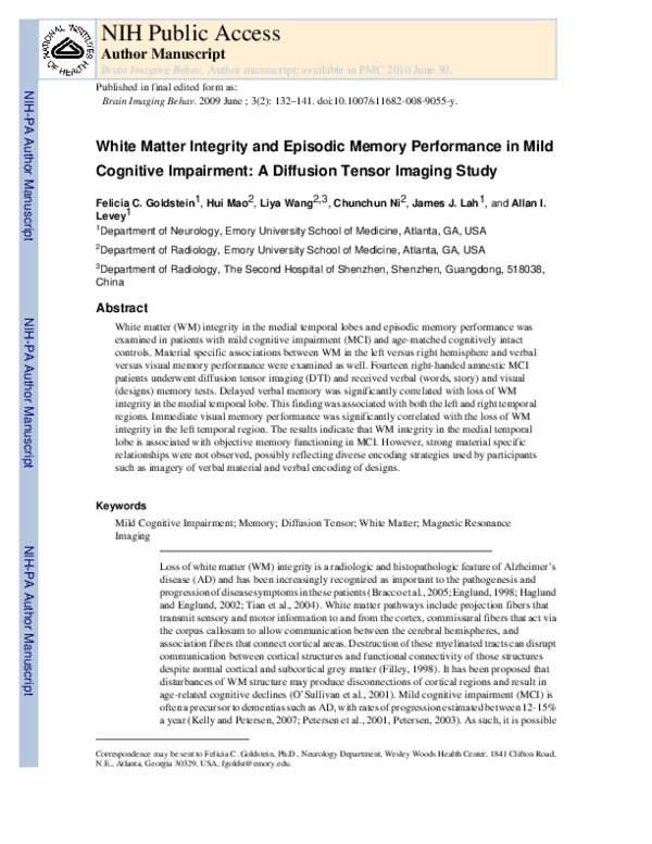 (PDF) White Matter Integrity and Episodic Memory Performance in Mild ...