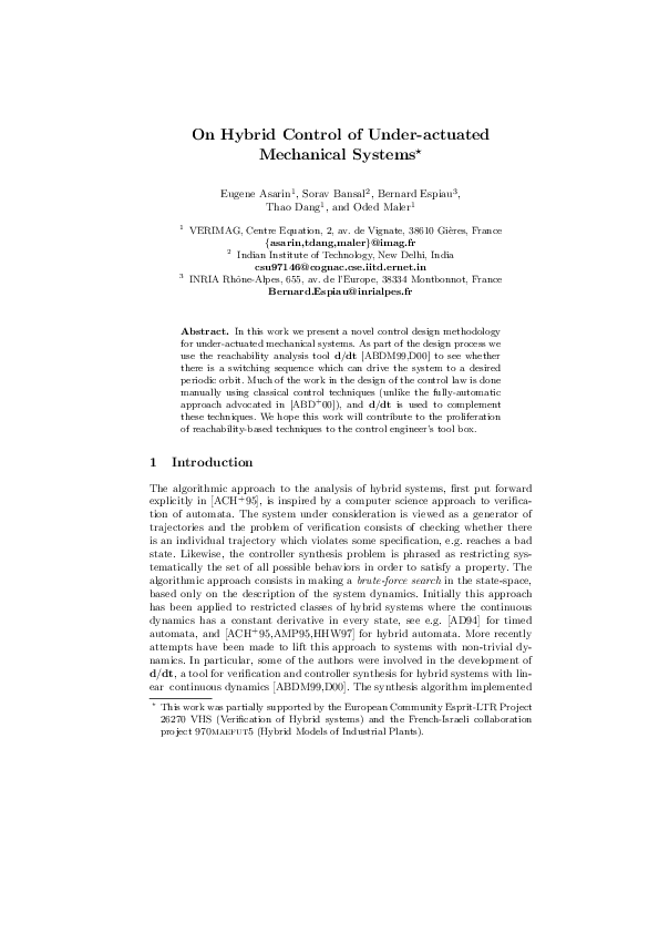 (PDF) On Hybrid Control of Under-Actuated Mechanical Systems
