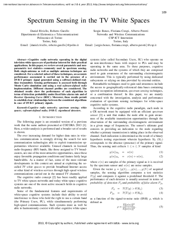 (PDF) Spectrum Sensing in the TV White Spaces