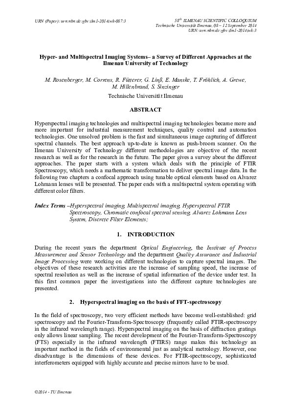 (PDF) Hyper- and multispectral imaging systems - a survey of different ...