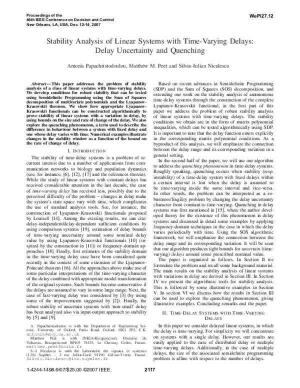 (PDF) Stability analysis of linear systems with time delay