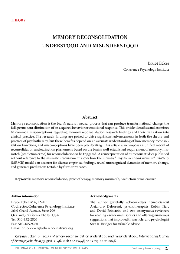 (PDF) Memory Reconsolidation Understood and Misunderstood