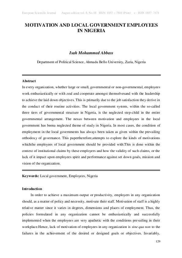 (PDF) Motivation and Local Government Employees in Nigeria