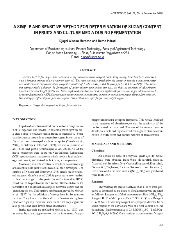 (PDF) A Simple and Sensitive Method for Determination of Sugar Content ...
