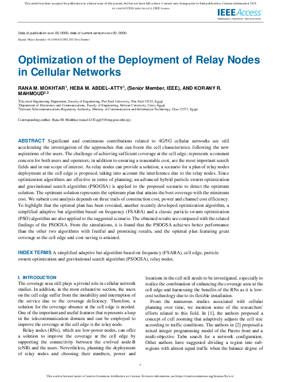 (PDF) Optimization of the Deployment of Relay Nodes in Cellular Networks