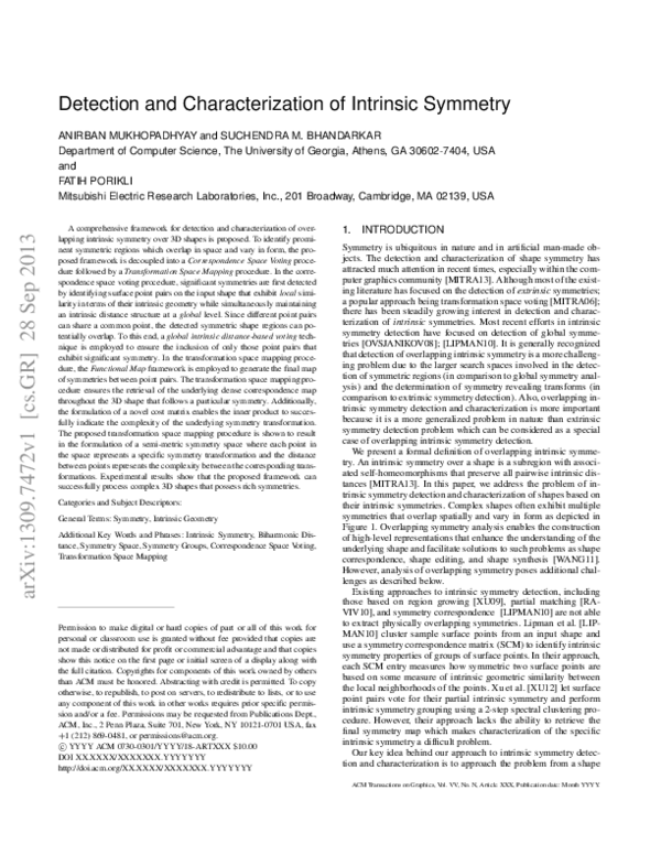 (PDF) Detection and characterization of Intrinsic symmetry of 3D shapes