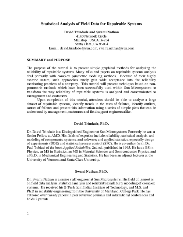 (PDF) Statistical Analysis of Field Data for Repairable Systems