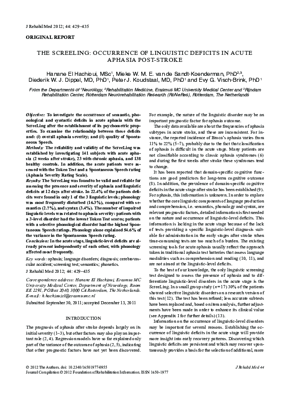 (PDF) The ScreeLing: Occurrence of linguistic deficits in acute aphasia ...
