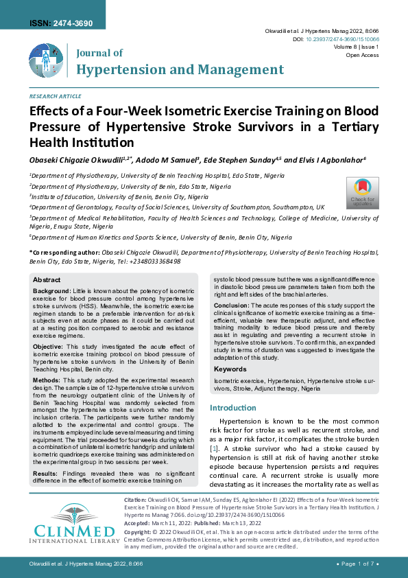 (PDF) Effects of a Four-Week Isometric Exercise Training on Blood ...