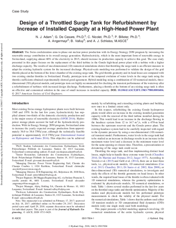 (PDF) Design of a Throttled Surge Tank for Refurbishment by Increase of Installed Capacity at a