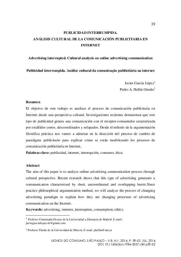 Publicidad interrumpida: Análisis cultural de la comunicación publicitaria en internet