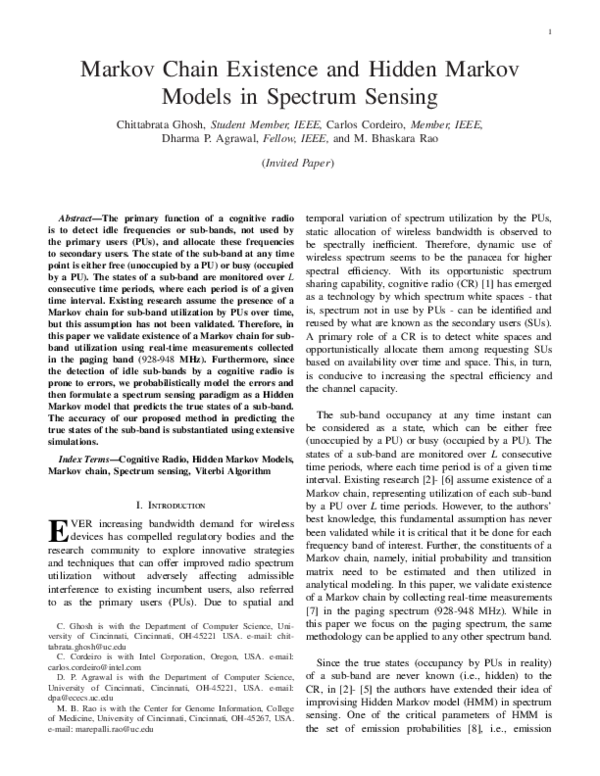 (PDF) Markov chain existence and Hidden Markov models in spectrum sensing