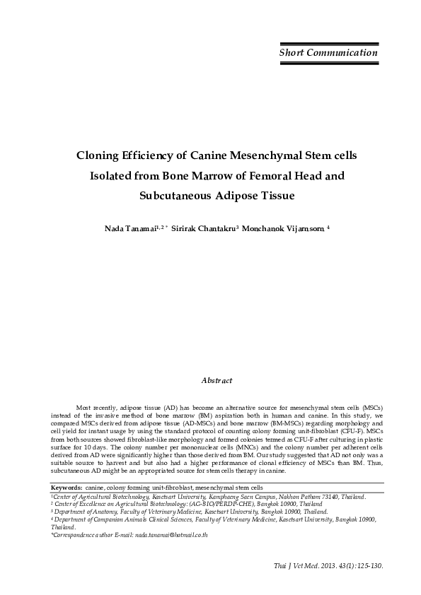 (PDF) Cloning Efficiency of Canine Mesenchymal Stem cells Isolated from ...