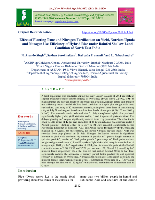 (PDF) Effect of Planting Time and Nitrogen Fertilization on Yield ...