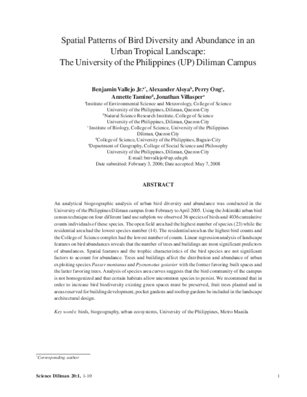 (PDF) Spatial Patterns of Bird Diversity and Abundance in an Urban ...