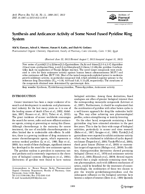 (PDF) Synthesis and anticancer activity of some novel fused pyridine ...