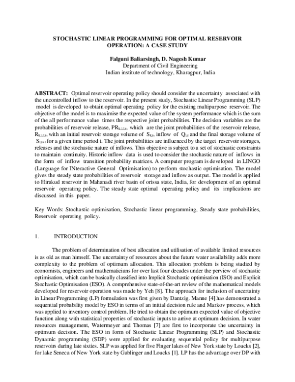 (PDF) Stochastic Linear Programming for Optimal Reservoir Operation: A ...