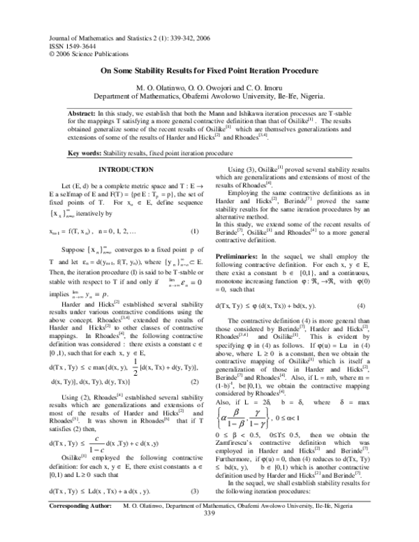(PDF) On Some Stability Results for Fixed Point Iteration Procedure