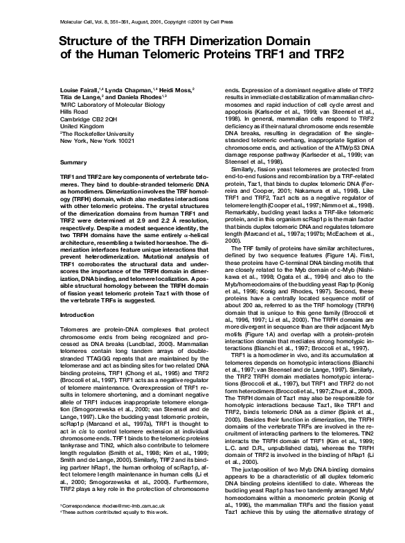 (PDF) Structure of the TRFH Dimerization Domain of the Human Telomeric ...