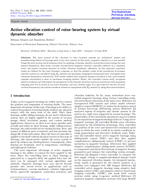 (PDF) Active Vibration Control of Rotor-Bearing Systems