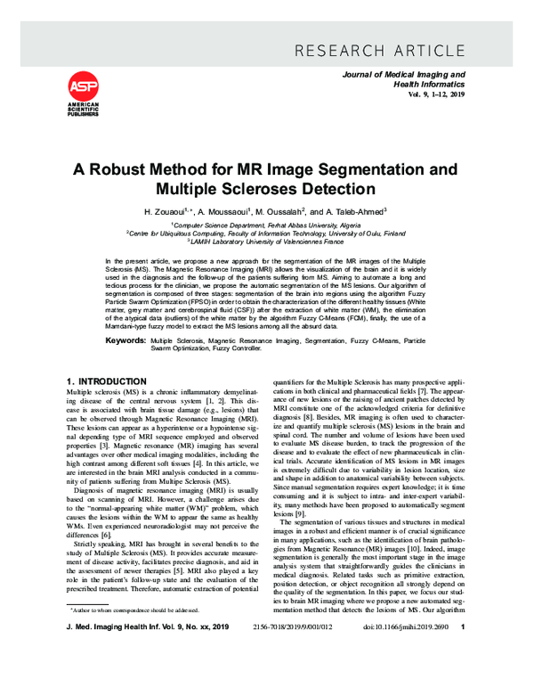 (PDF) A Robust Method for MR Image Segmentation and Multiple Scleroses ...