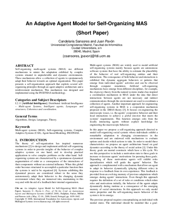 (PDF) An adaptive agent model for self-organizing MAS