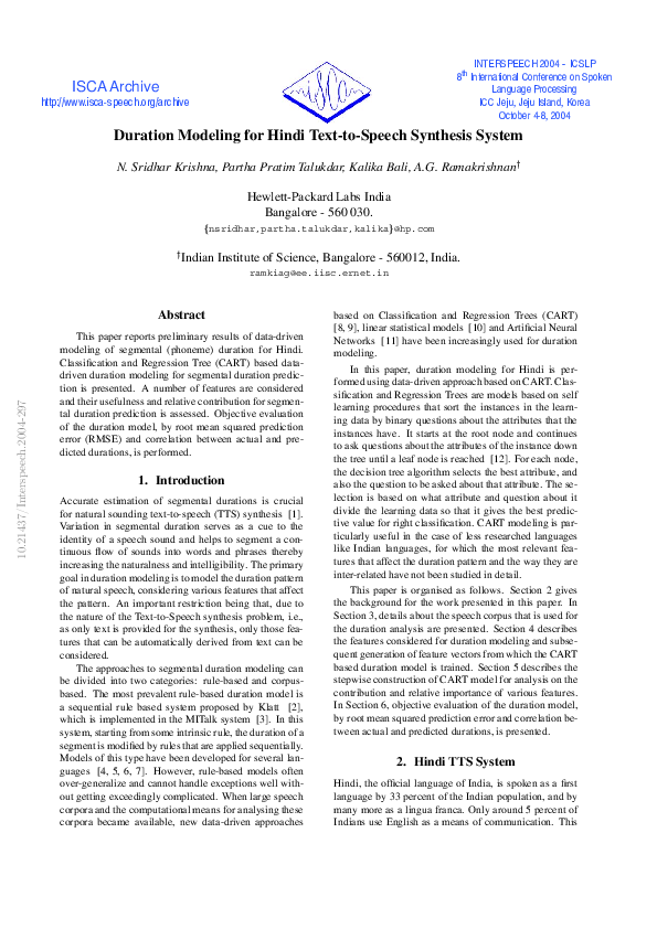 (PDF) Duration modeling for hindi text-to-speech synthesis system
