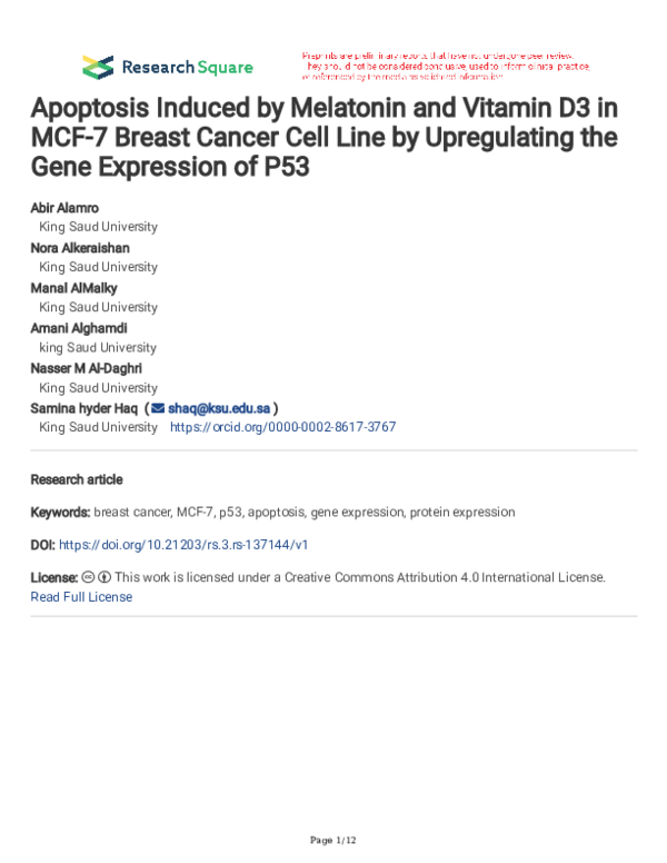 (PDF) Apoptosis Induced by Melatonin and Vitamin D3 in MCF-7 Breast ...