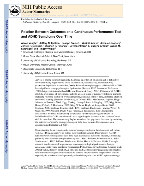 (PDF) Relation Between Outcomes on a Continuous Performance Test and ...