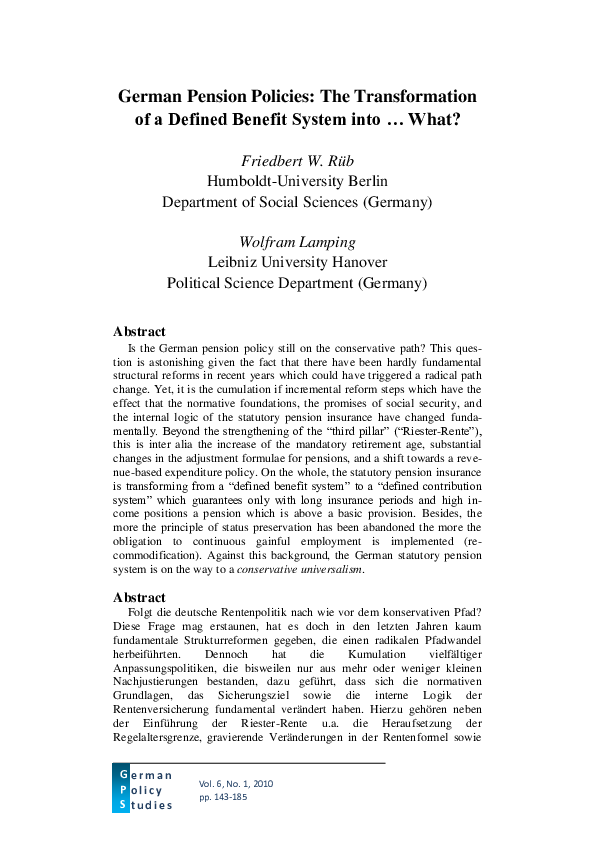 (PDF) German Pension Policies: The Transformation of a Defined Benefit ...
