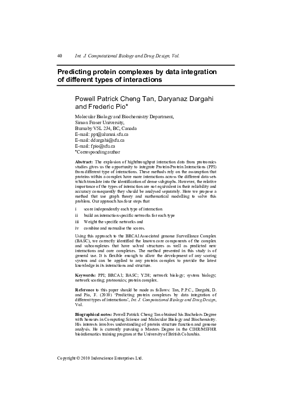 (PDF) Predicting protein complexes by data integration of different ...
