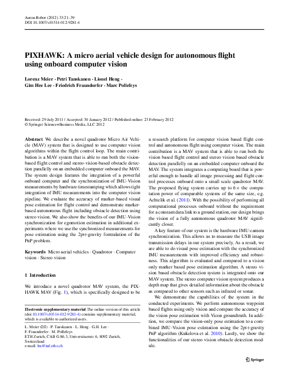 (PDF) PIXHAWK: A micro aerial vehicle design for autonomous flight ...