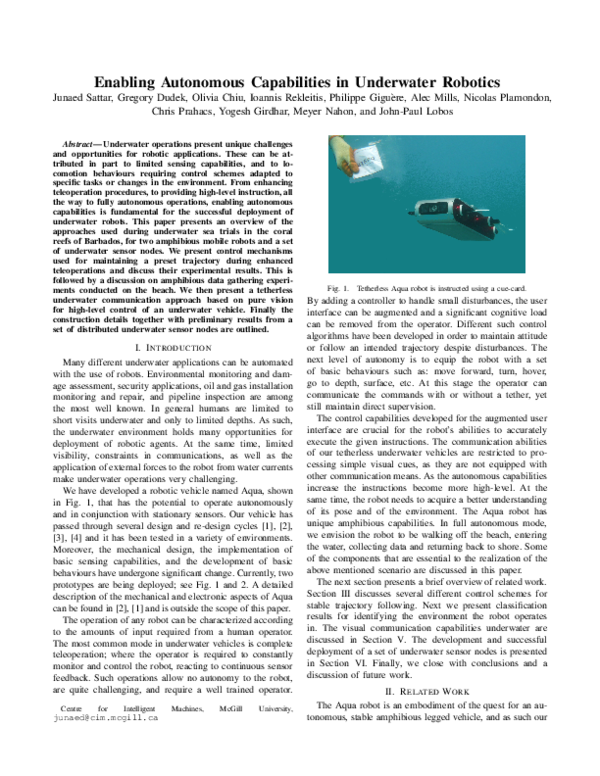 (PDF) Enabling autonomous capabilities in underwater robotics