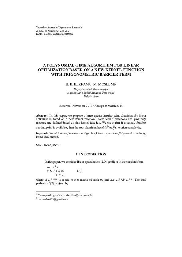 (PDF) A polynomial-time algorithm for linear optimization based on a ...